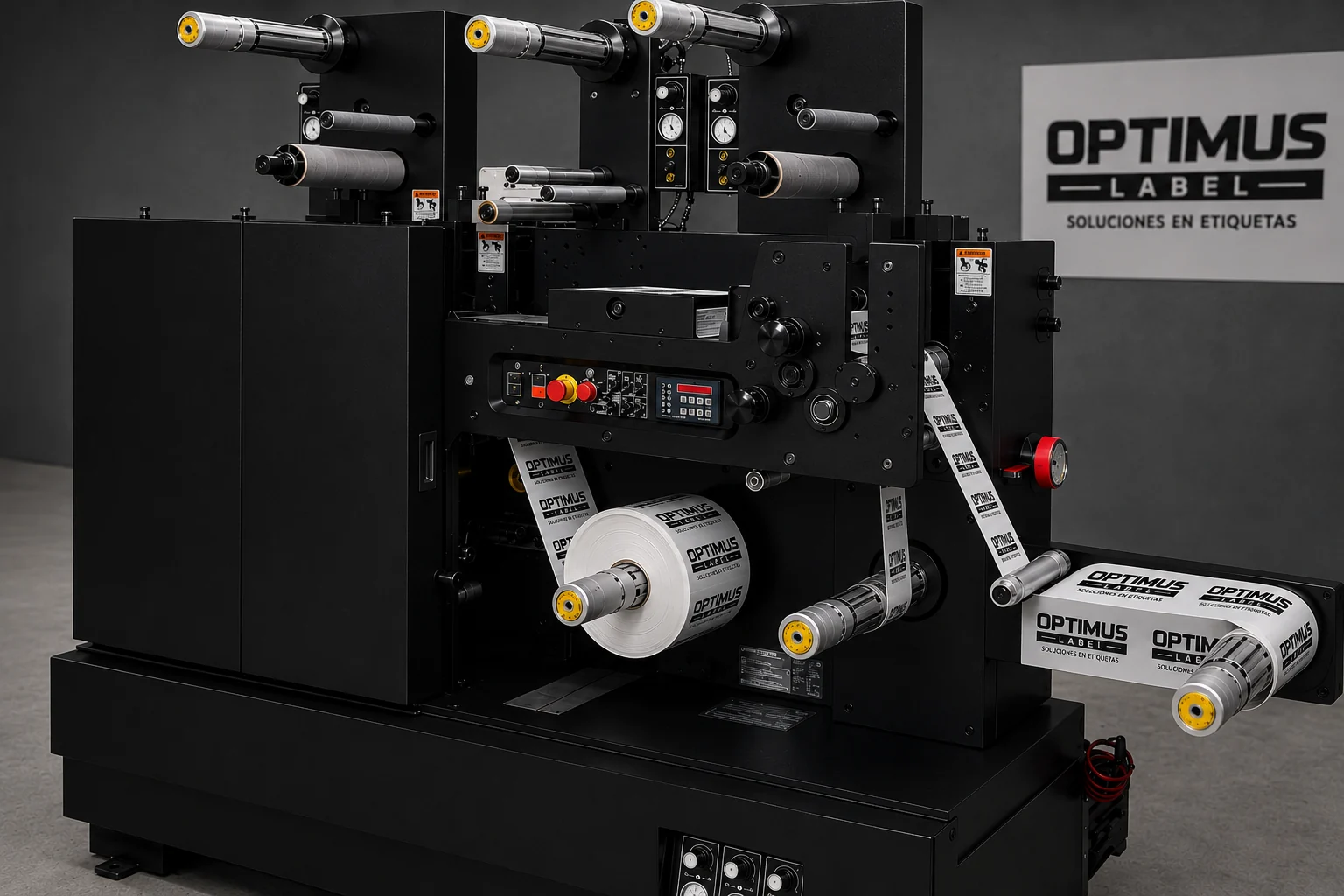 Equipo de dos estaciones produciendo etiquetas Optimus Label
